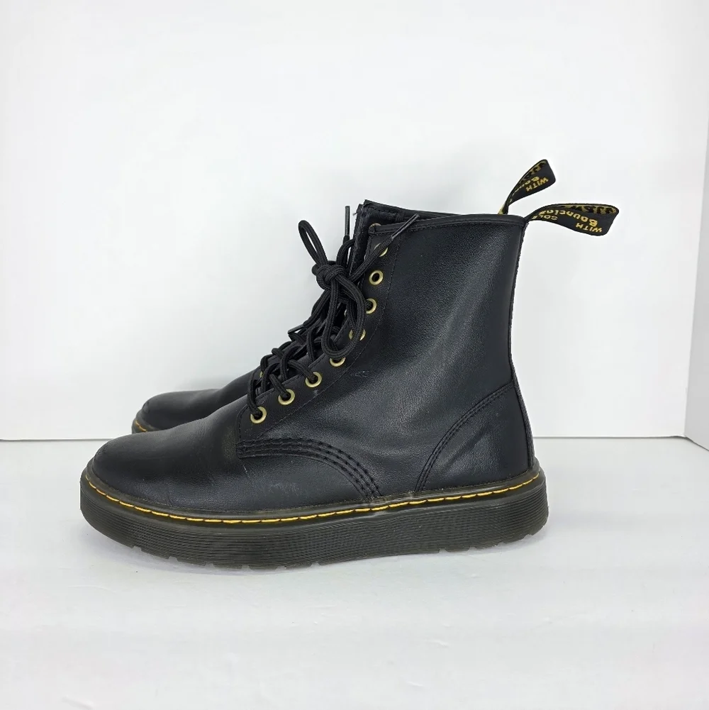 Dr. Martens Zavala Combat Boots Unisex Black Leather Yellow Stitching Size M7 W8 - Picture 2 of 16